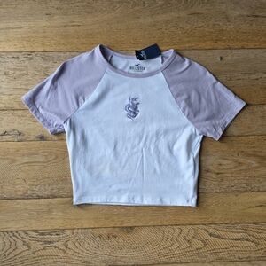 Hollister Cropped Dragon Purple and White Raglan Baseball Tee baby tee
